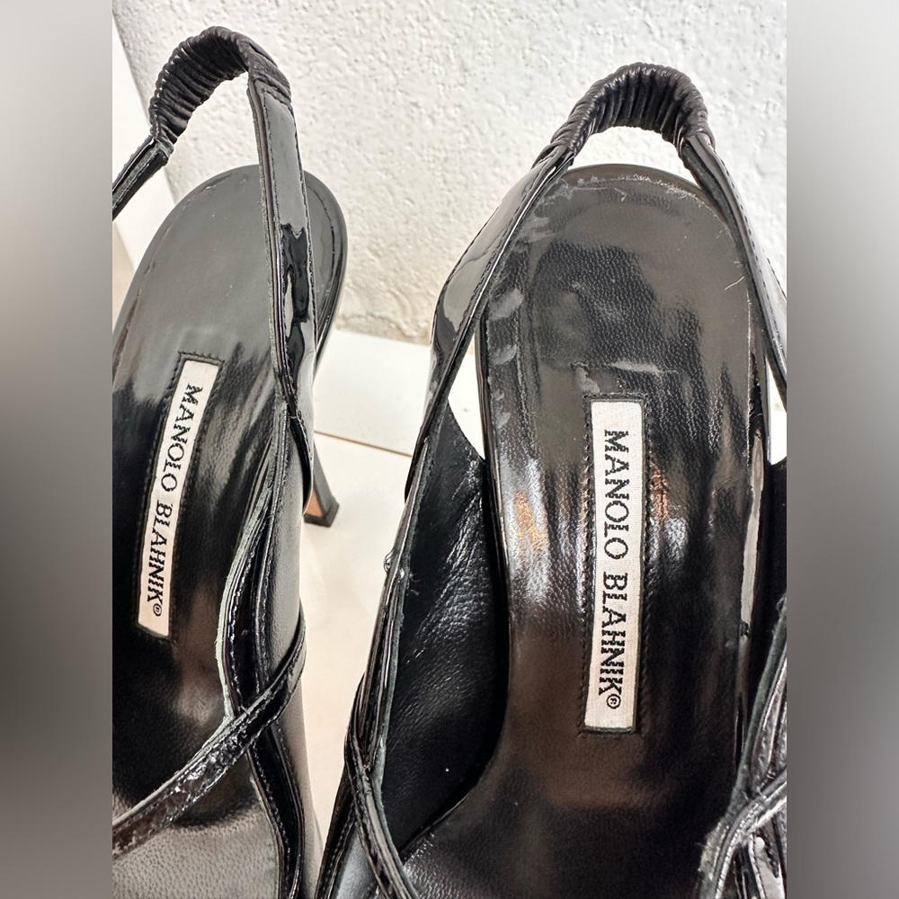 Manolo Blahnik Black Leather Printed Slingback Peep Toe Pumps – Size 36.5 Gift - Picture 6 of 13